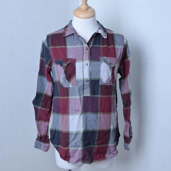 Kismet | Burgundy multicolored plaid half button down long sleeve - Picture 2 of 10